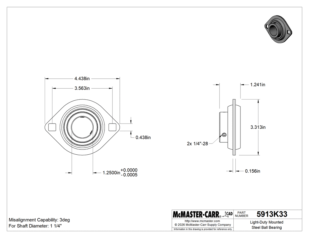 Technical Drawing of Light-Duty Mounted Steel Ball Bearing, with Two-Bolt Flange, for 1-1/4" Shaft Diameter.